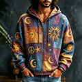 Men's Bohemian Patch Sun Peace Moon Star Print Zipper Hoodies