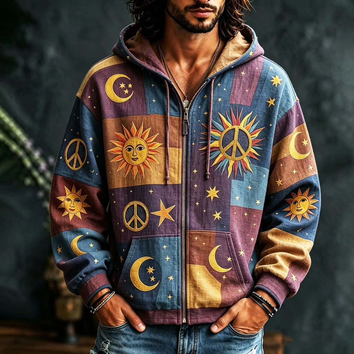 Men's Bohemian Patch Sun Peace Moon Star Print Zipper Hoodies