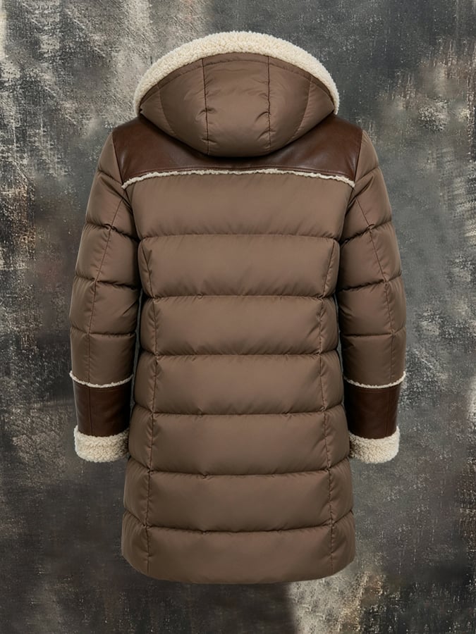 Men’S Vintage-Style Fleece-Lined Padded Hooded Jacket With Suede Paneling And Color-Block Detailing