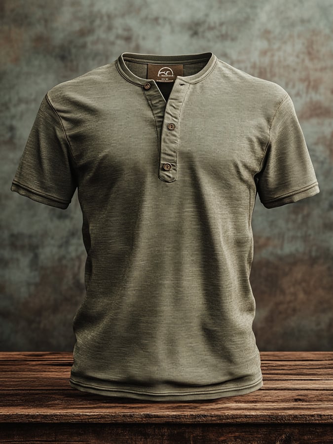 Men's vintage-style Henley print short-sleeved T-shirt