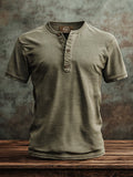 Men's vintage-style Henley print short-sleeved T-shirt