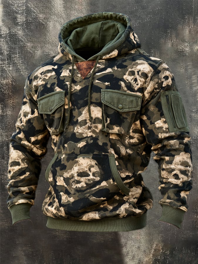 Men's Outdoor Tactical Multi-Pocket Skull Camo Hoodie