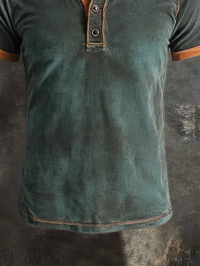 Men's Vintage Washed Cotton Casual Henley Short Sleeve T-Shirt
