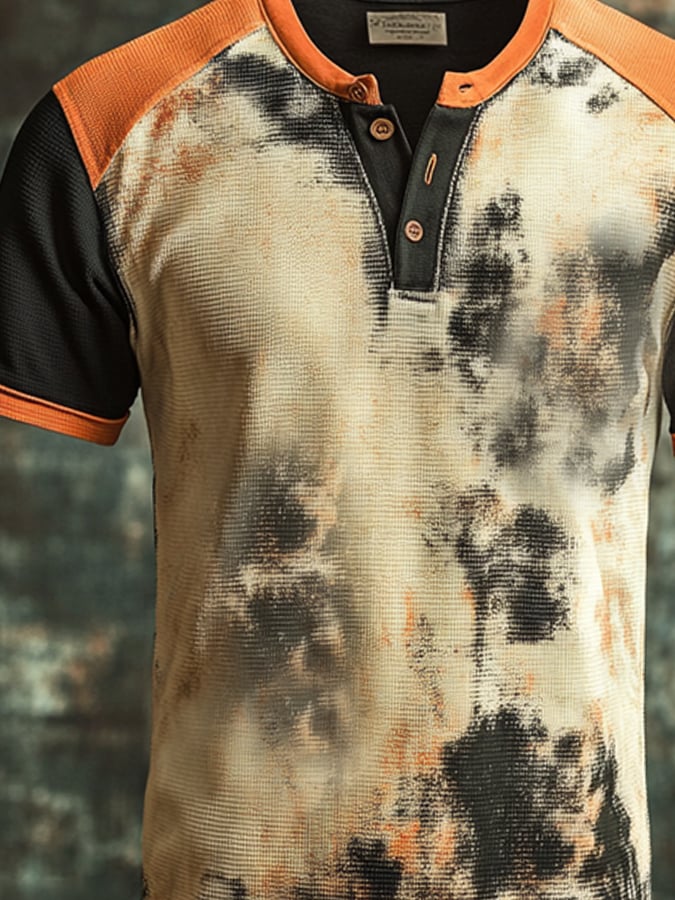 Men's vintage-look color-block print short-sleeved Henley T-shirt