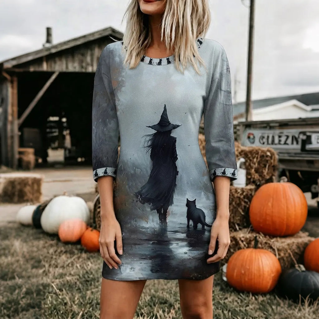 Women's Halloween Wizard And The Black Cat Print Long-sleeve Dress