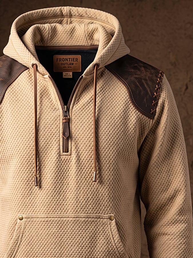Men's Retro Textured Waffle-Knit & Leather Panel Zip-Up Hoodie
