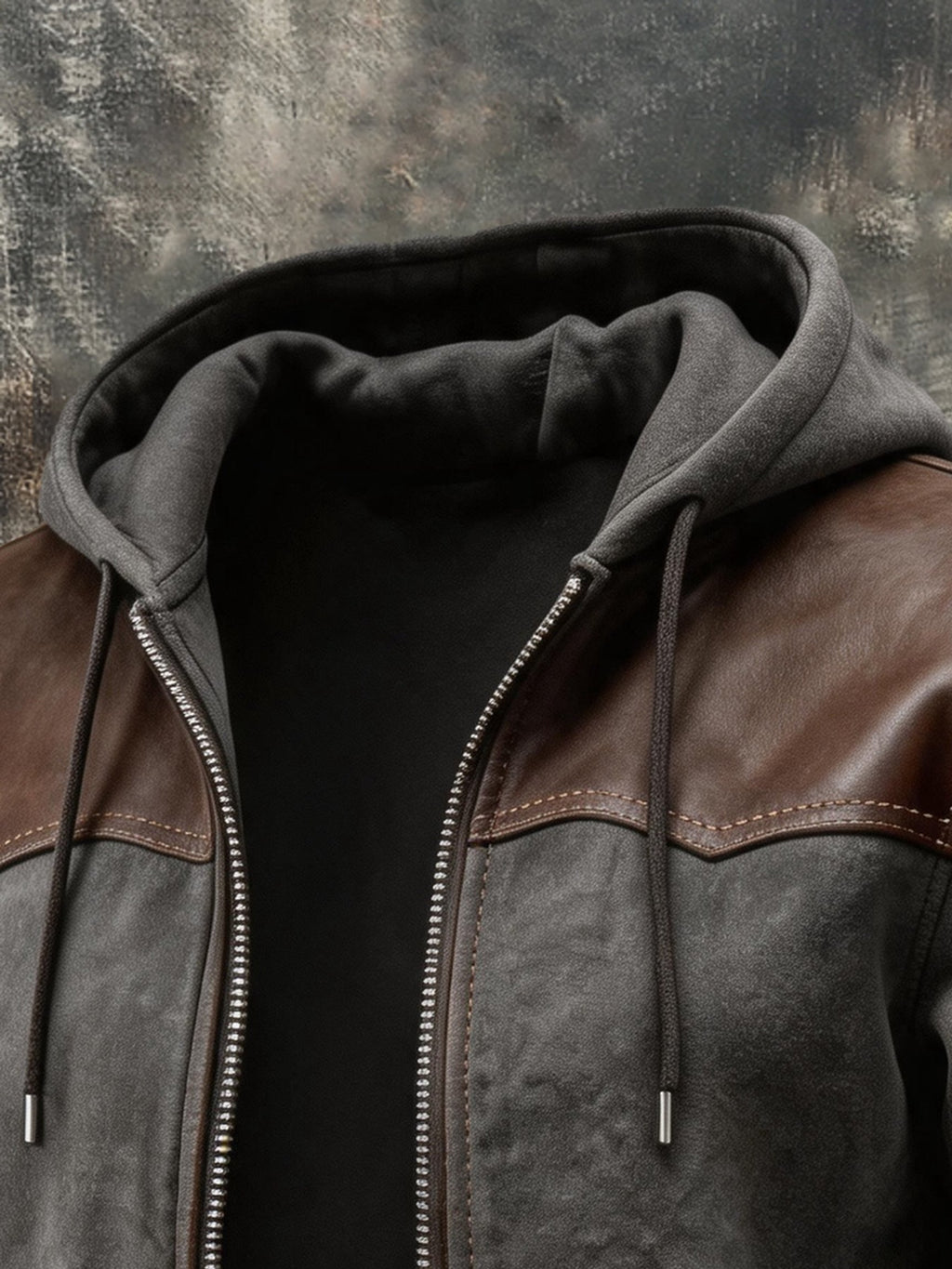 Men’s Vintage-Style Leather-Paneled Hooded Jacket