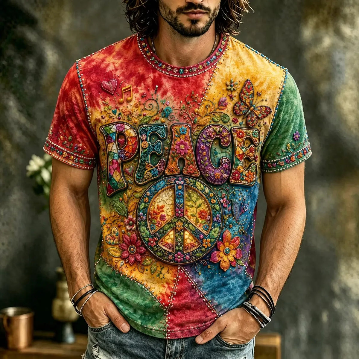 Men's Tie Dye Peace Sign Floral Butterfly Print Crew Neck Short Sleeve T-Shirt
