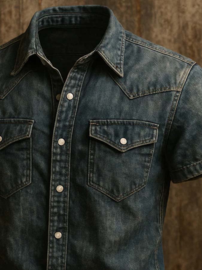 Men's vintage twill shirt with two pockets and short sleeves in a used look
