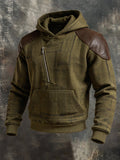 Men's Retro Leather-Panelled Half-Zip Hoodie