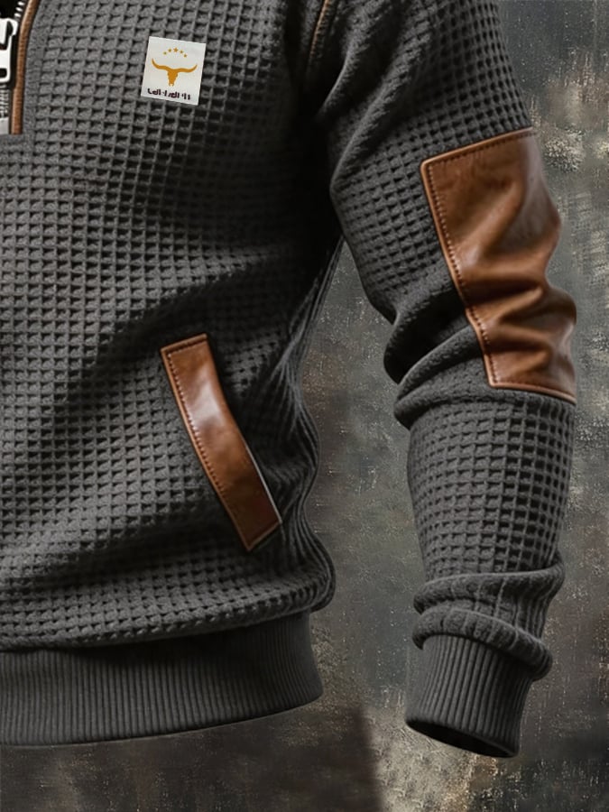 Men's Retro Textured Waffle-Knit Fleece-Lined Zip-Neck Sweatshirt