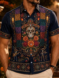 Men's Day Of The Dead Print Short Sleeve Buttons Shirt