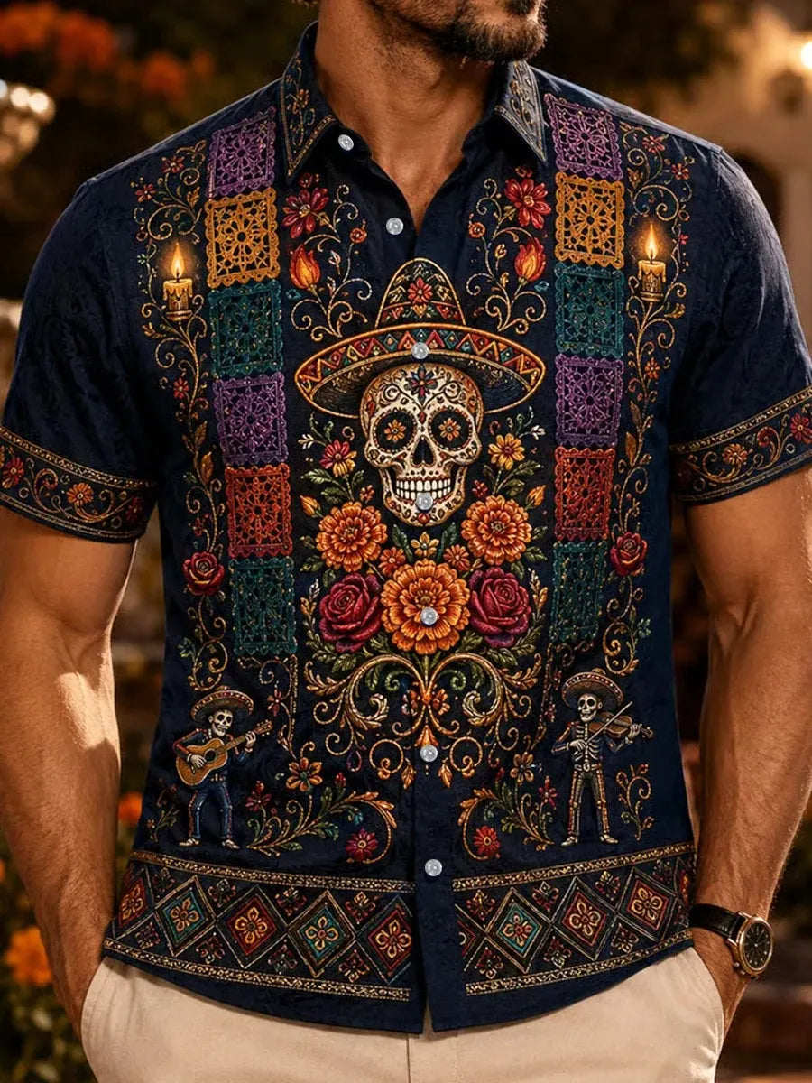 Men's Day Of The Dead Print Short Sleeve Buttons Shirt