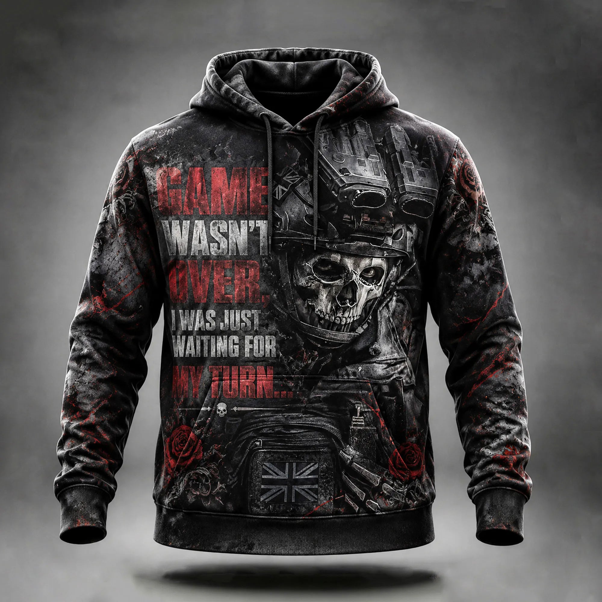 Men's Vintage Washed Distressed Military Tactical Skull Warrior Rose Print Dark Gothic Inspirational Quotes Street Hoodie