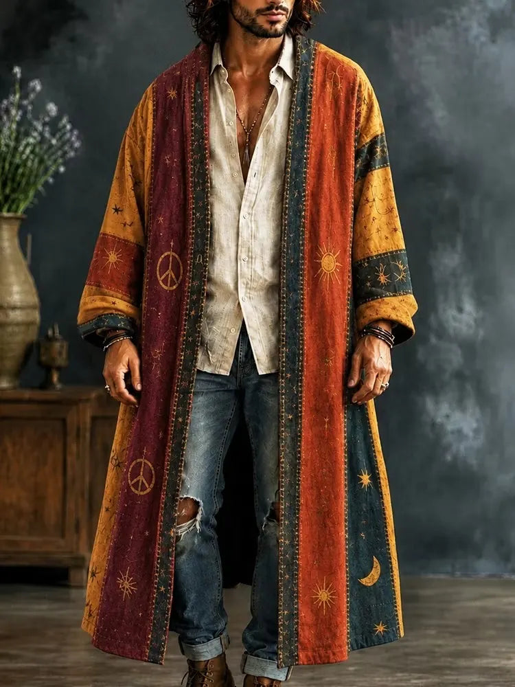 Men's Vibrant Boho Star Celestial Peace Blocks Print Kimono Cardigan