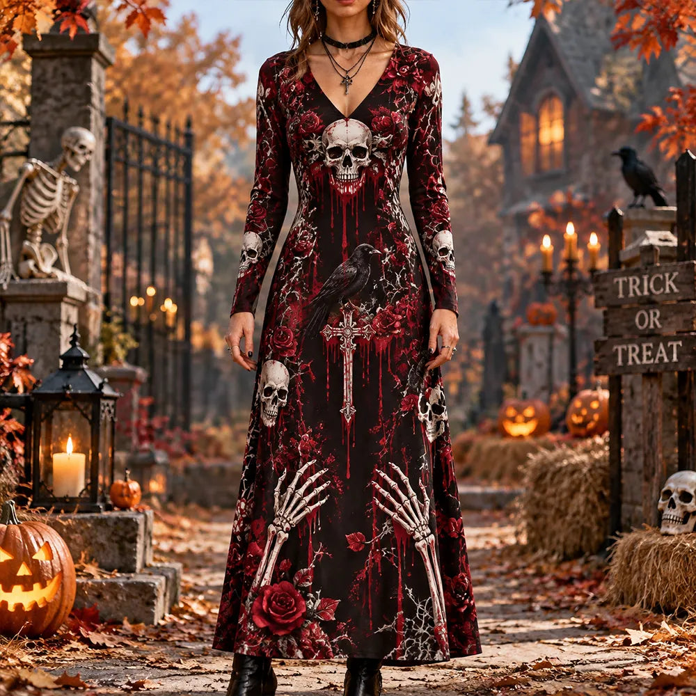 Women's Gothic Halloween Skull Crow Cross Print Maxi Dress