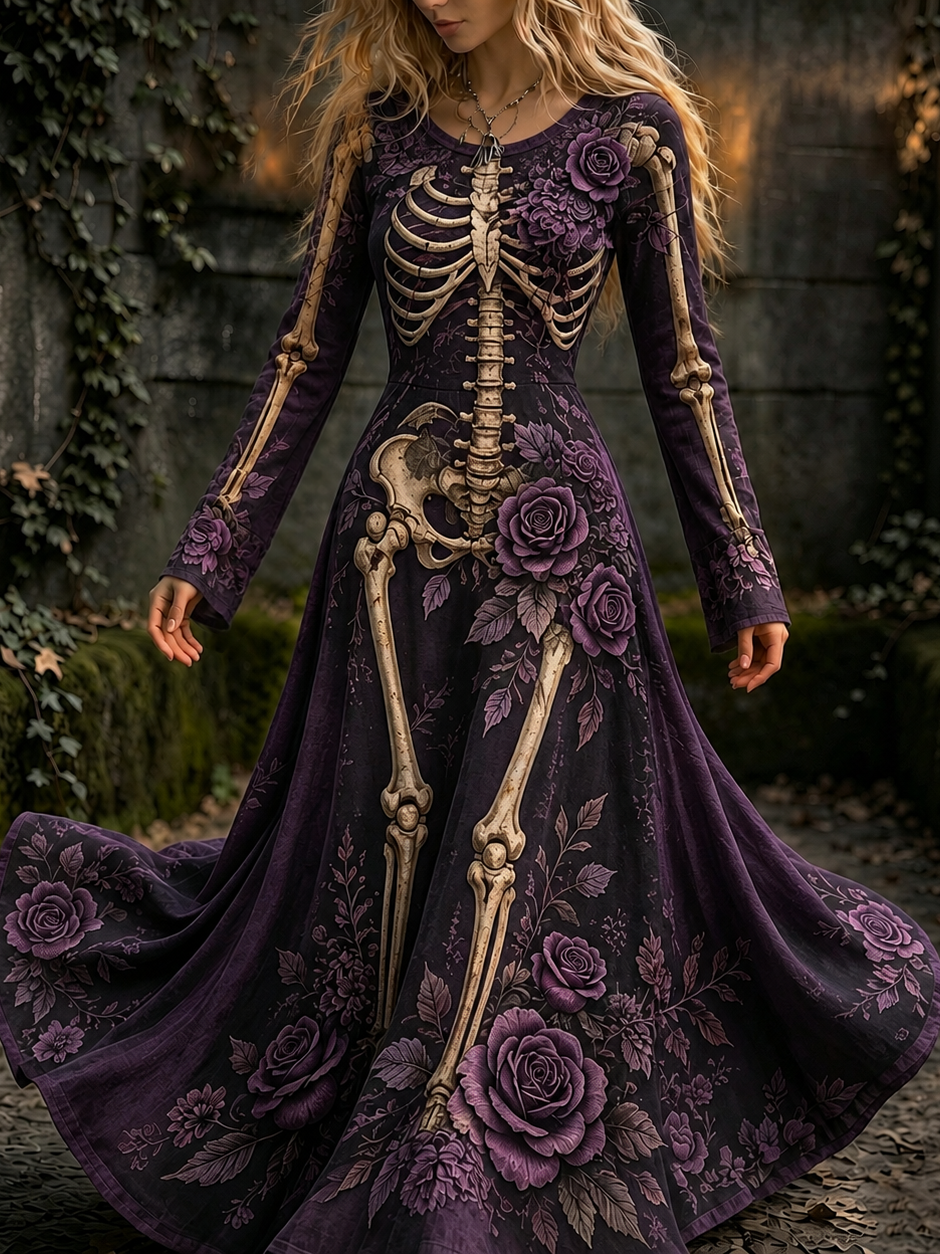 Women's Retro Halloween Gothic Skeleton And Purple Rose Flowers Pattern Print Maxi Dress