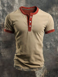 Men's Retro Colorblock Henley Short Sleeve T-Shirt