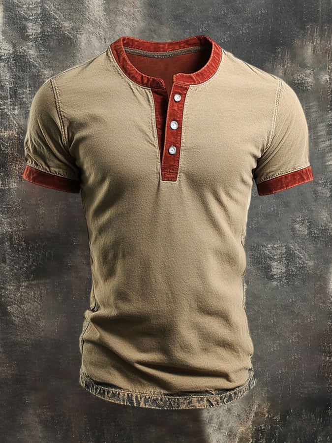 Men's Retro Colorblock Henley Short Sleeve T-Shirt