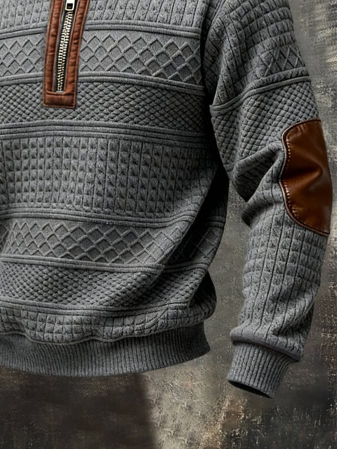 Men's Retro Color-Block Leather Half-Zip Long-Sleeve Polo Sweatshirt