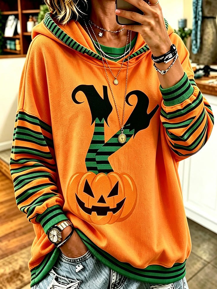 Women's Retro Halloween Pumpkin Stripe Pattern Casual Warm Hooded Sweater