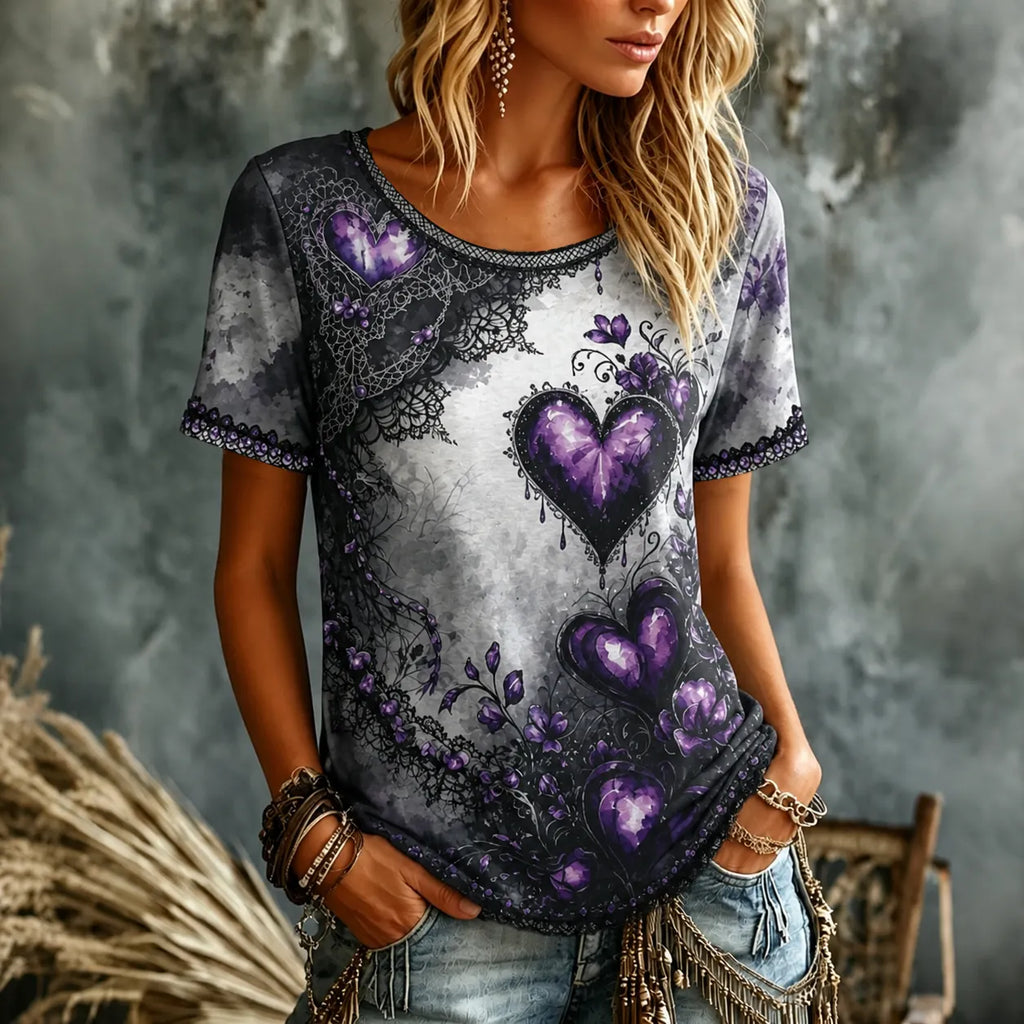 Women's Retro Heart Floral Dark Round Neck Short Sleeve T-shirt