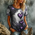 Women's Retro Heart Floral Dark Round Neck Short Sleeve T-shirt