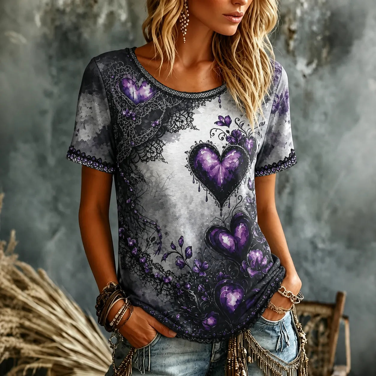 Women's Retro Heart Floral Dark Round Neck Short Sleeve T-shirt