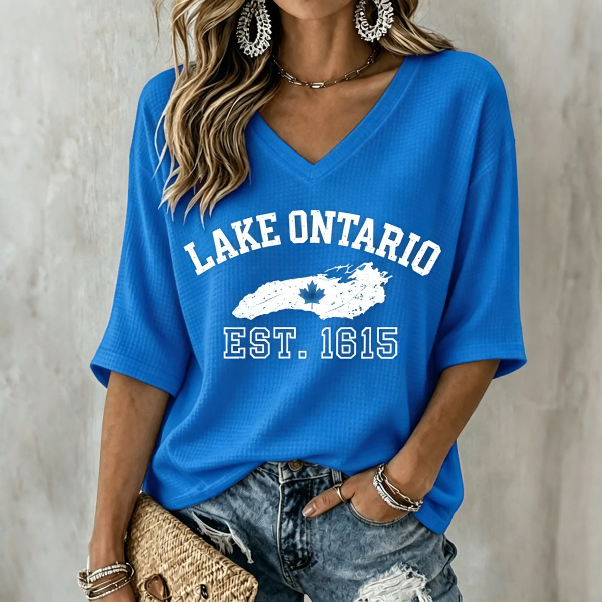 Women's Lake Ontario Printed Mid-length Sleeves V-neck T-shirt