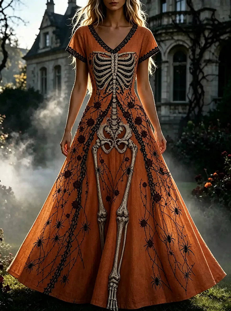 Women's  Retro Gothic Skull Floral Pattern Short Sleeves Maxi Halloween Dress