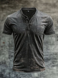 Men's casual vintage style Henley shirt with washed print and short sleeves