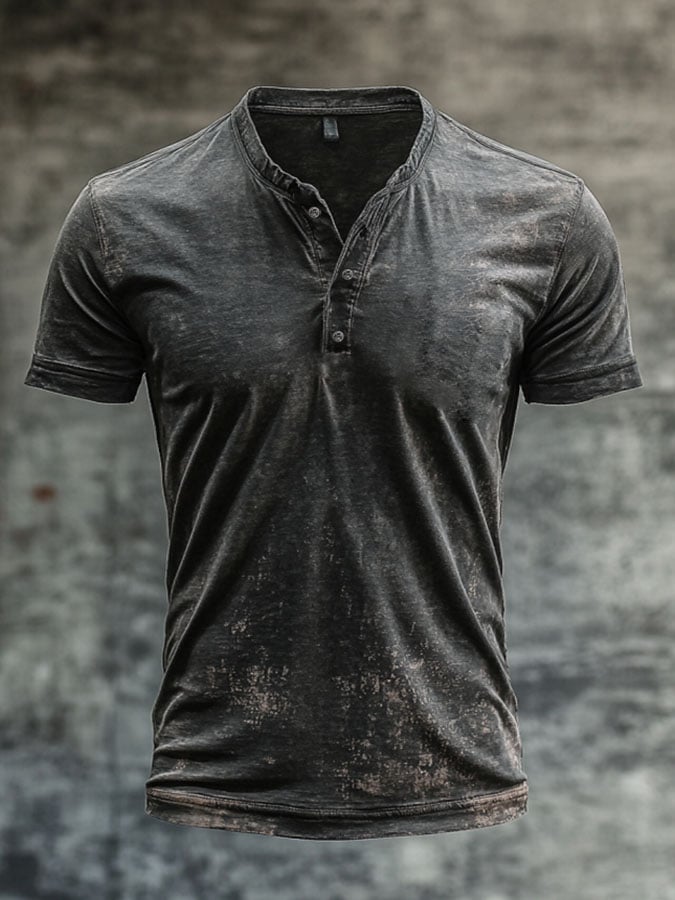Men's casual vintage style Henley shirt with washed print and short sleeves