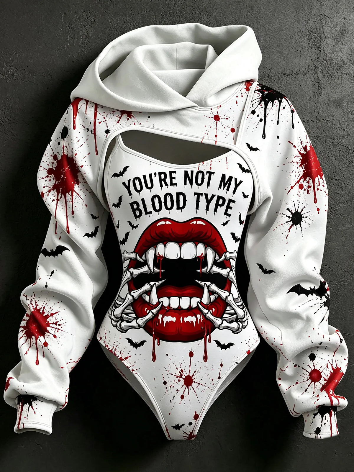 Women's Retro Halloween Lip Skull Letter Print Hoodie Two-piece Set