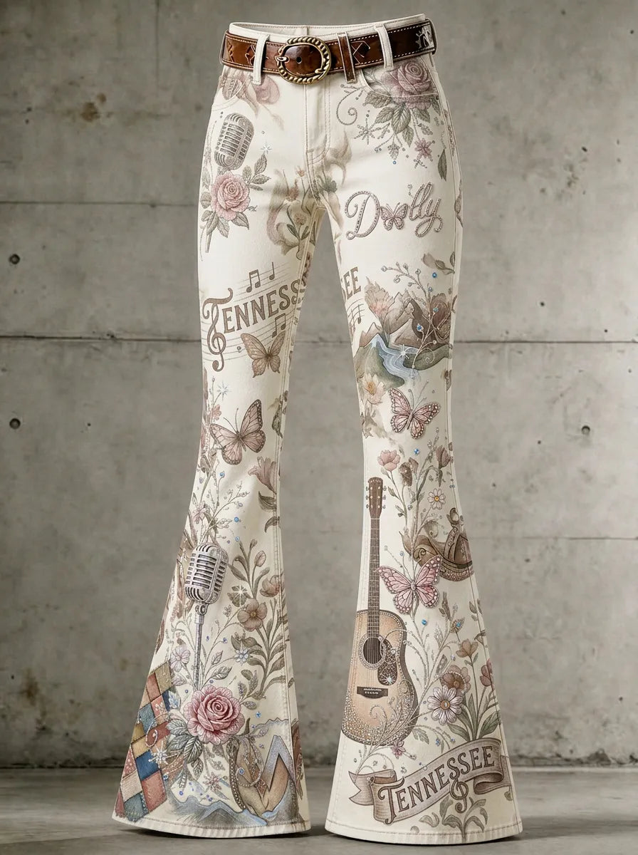 Women's Dolly Parton Country Music Guitar Rose Printed Flare Pants