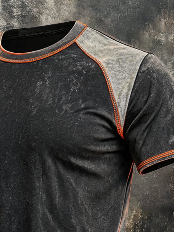 Men's Vintage-Style Distressed Color-Block T-Shirt