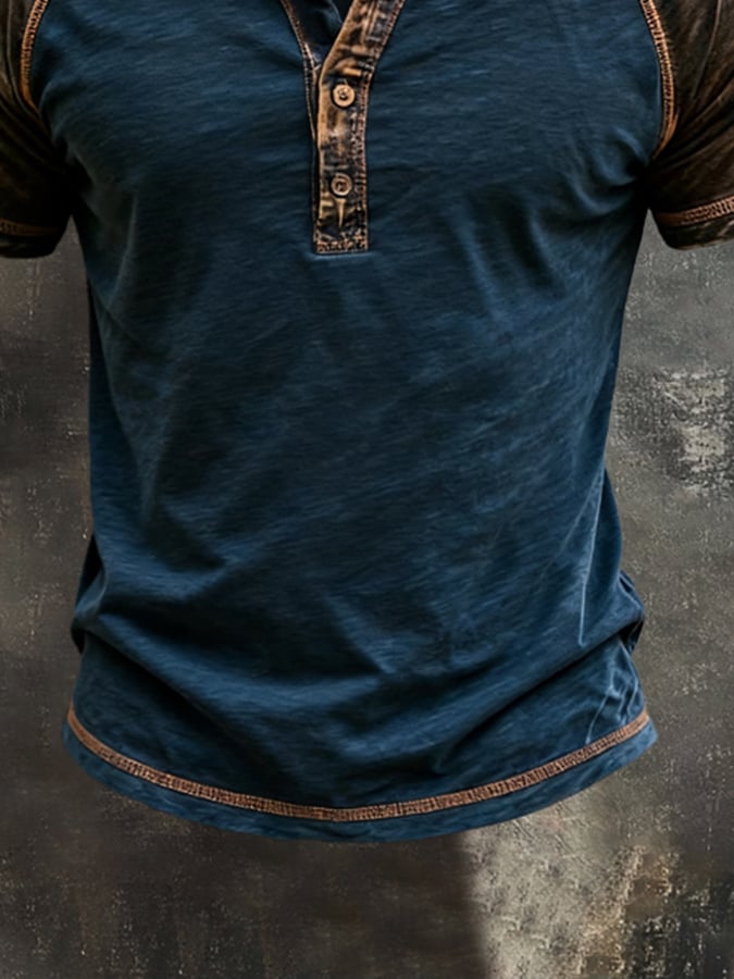 Men's Retro Color-Block Short-Sleeve Henley Shirt