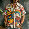 Men's Hippie Frog Rainbow Peace Sign Print Short Sleeve Buttons Shirt