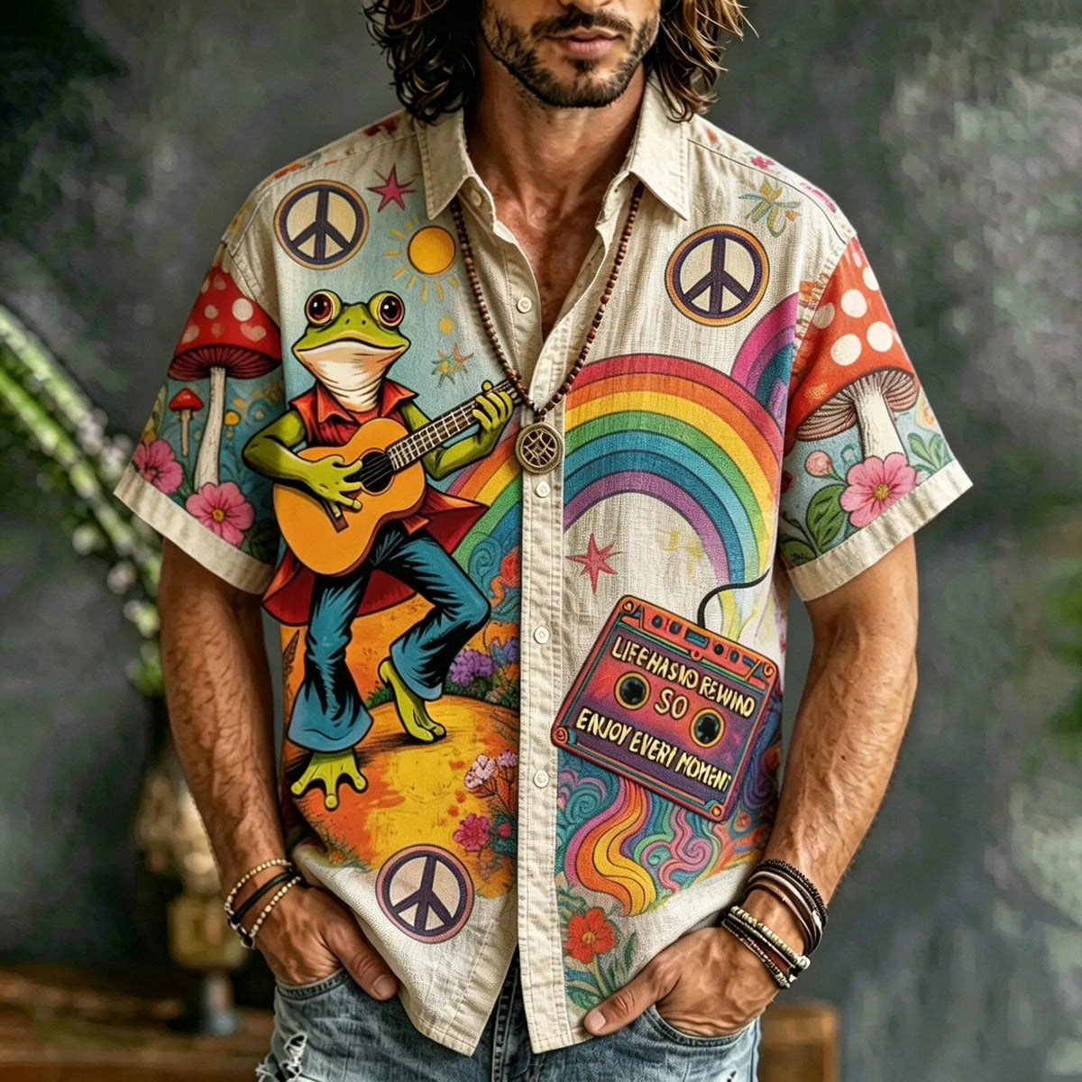 Men's Hippie Frog Rainbow Peace Sign Print Short Sleeve Buttons Shirt