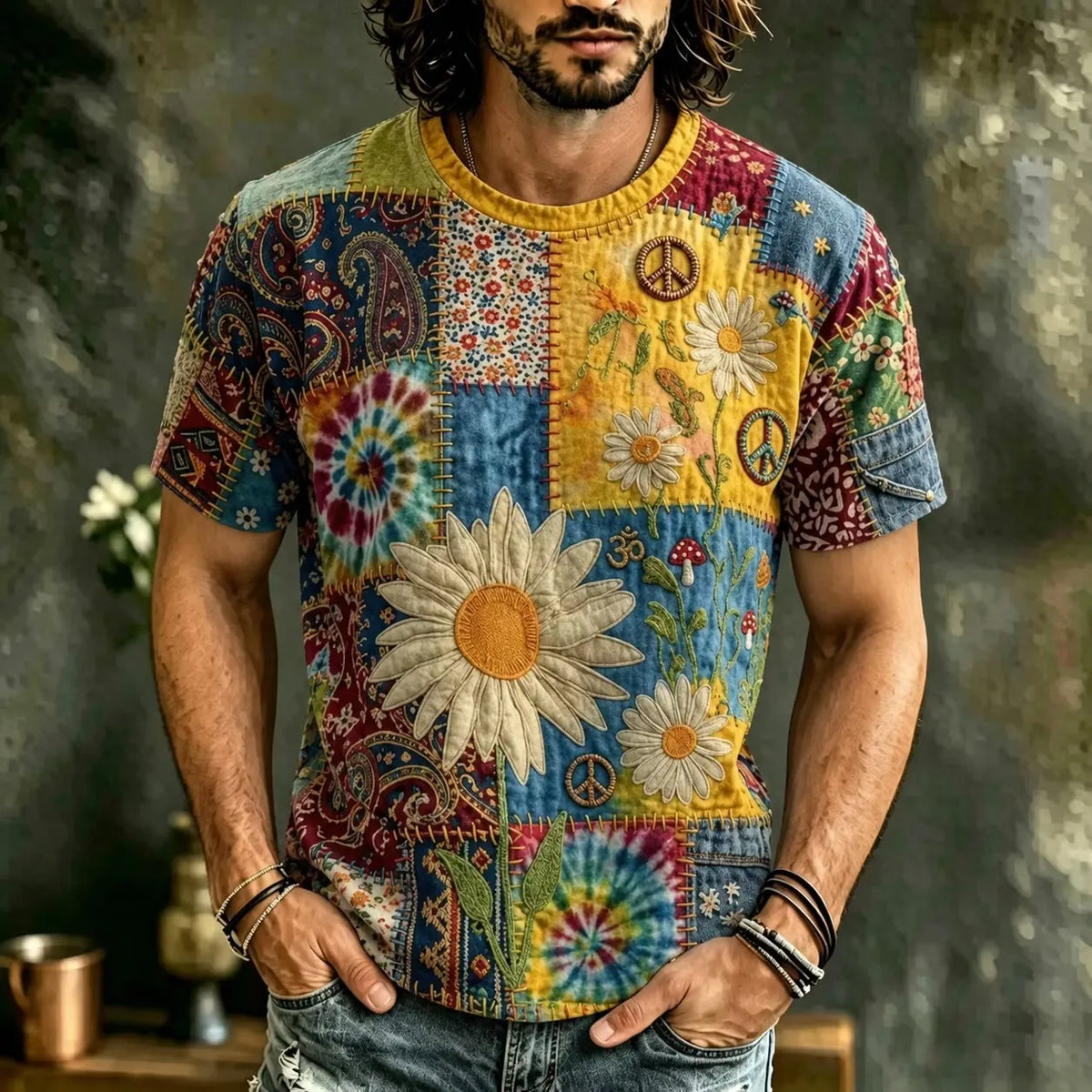 Men's Paisley Tie Dye Daisy Peace Sign Print Crew Neck Short Sleeve T-Shirt