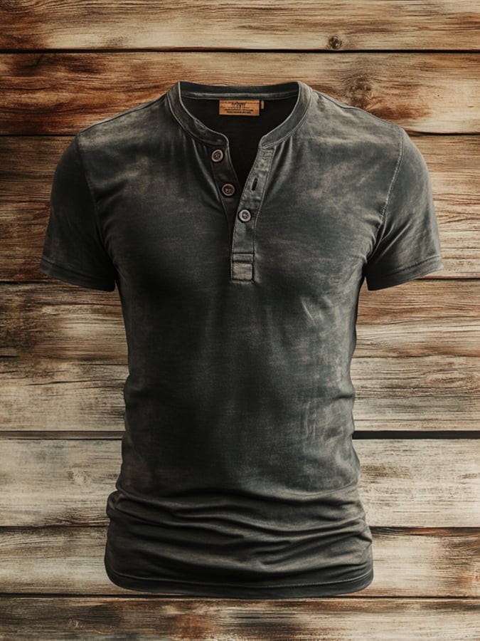 Men's casual vintage style Henley shirt with washed print and short sleeves