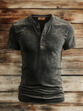 Men's casual vintage style Henley shirt with washed print and short sleeves