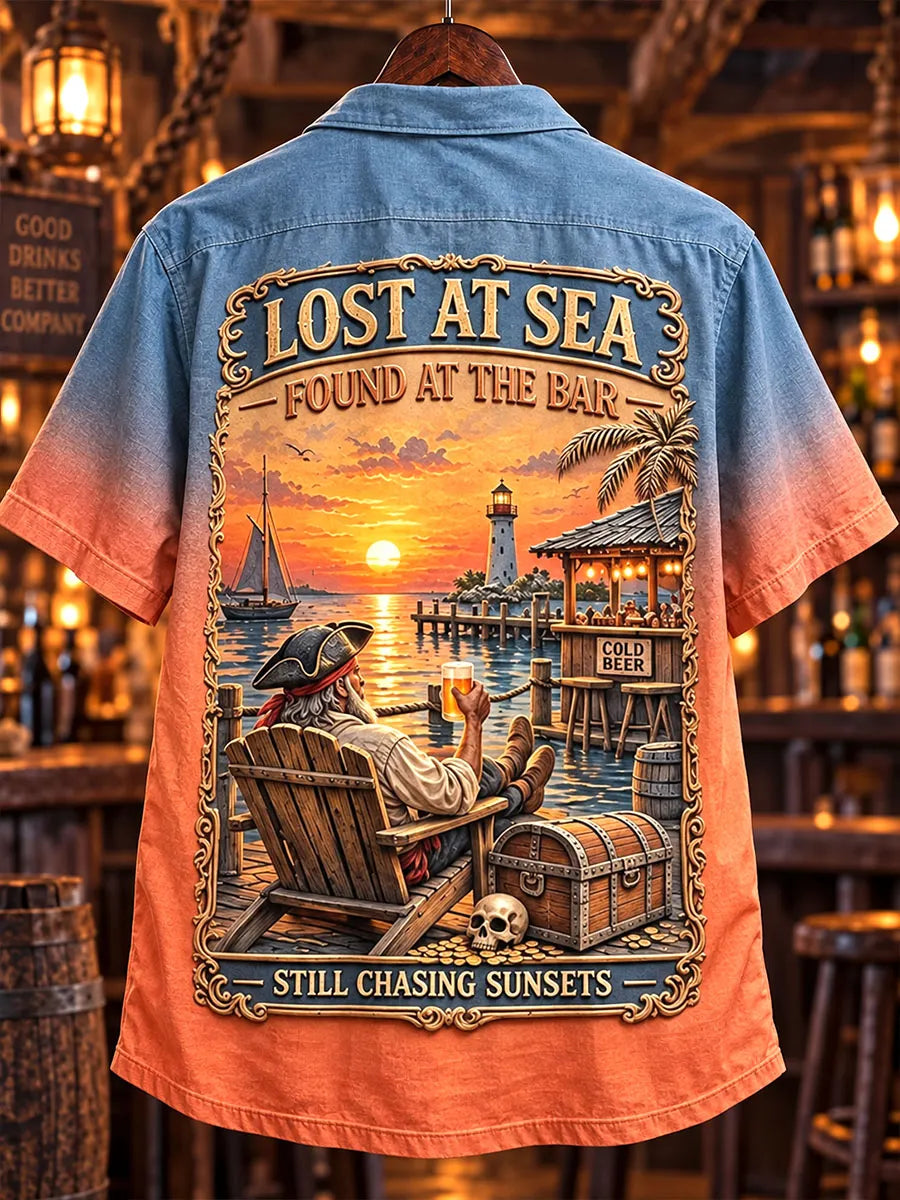 Lost at Sea, Found at the Bar Pirate Sunset Vintage Short Sleeve Shirt
