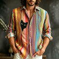 Men's Psychedelic Stripe Black Cat Graphic Print Shirt