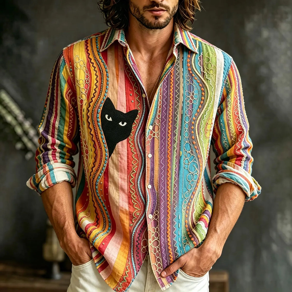 Men's Psychedelic Stripe Black Cat Graphic Print Shirt