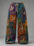 Men's Hippie Patchwork Dove Peace Sign Guitar Mushroom Note Print Pants