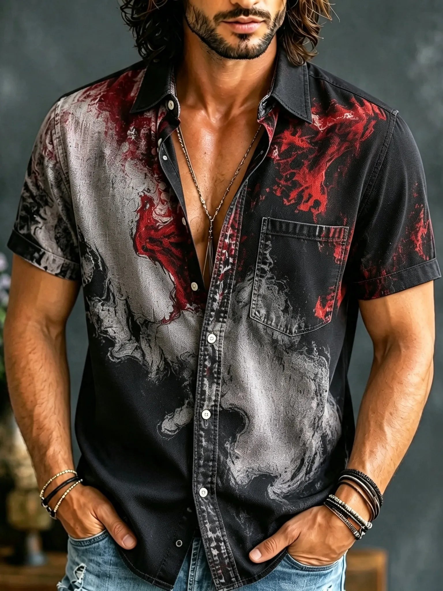Men's Ink Halloween Style Printed Short Sleeves Shirt