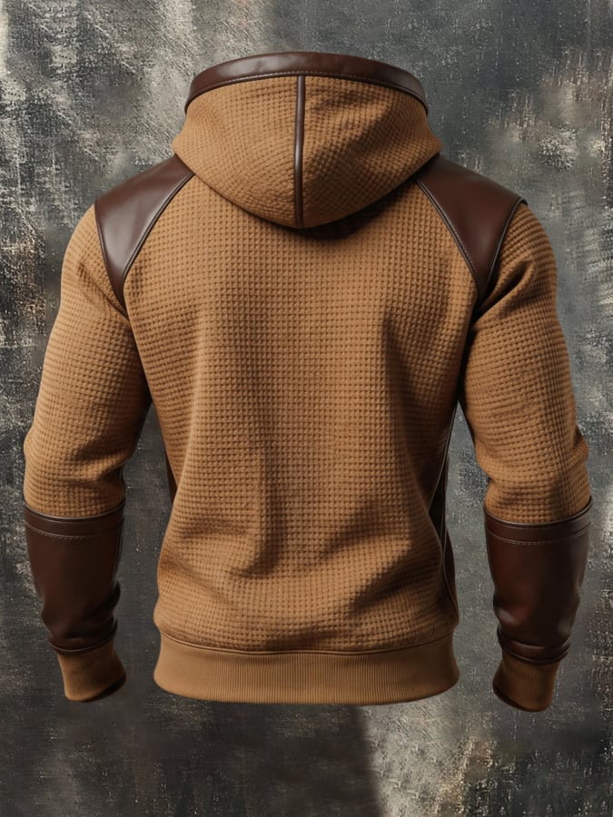 Men'S Retro Color-Block Hooded Sweatshirt With Waffle-Knit And Leather Paneling