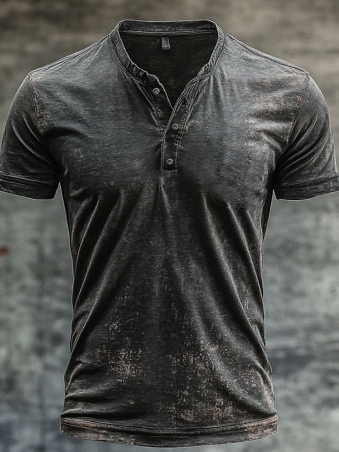 Men's casual vintage style Henley shirt with washed print and short sleeves