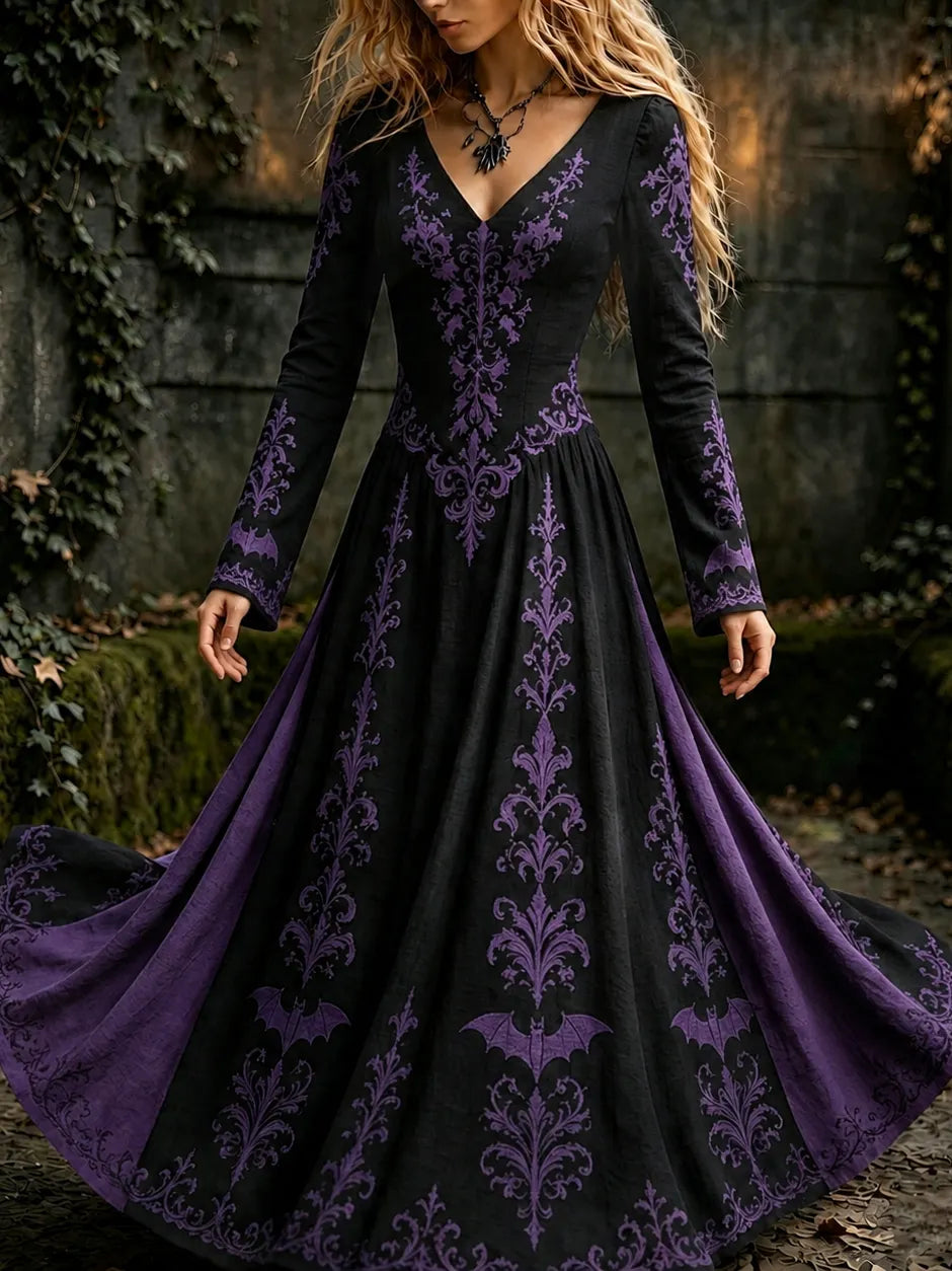 Women's Halloween Gothic Floral Bat Pattern Print V-neck Maxi Dress