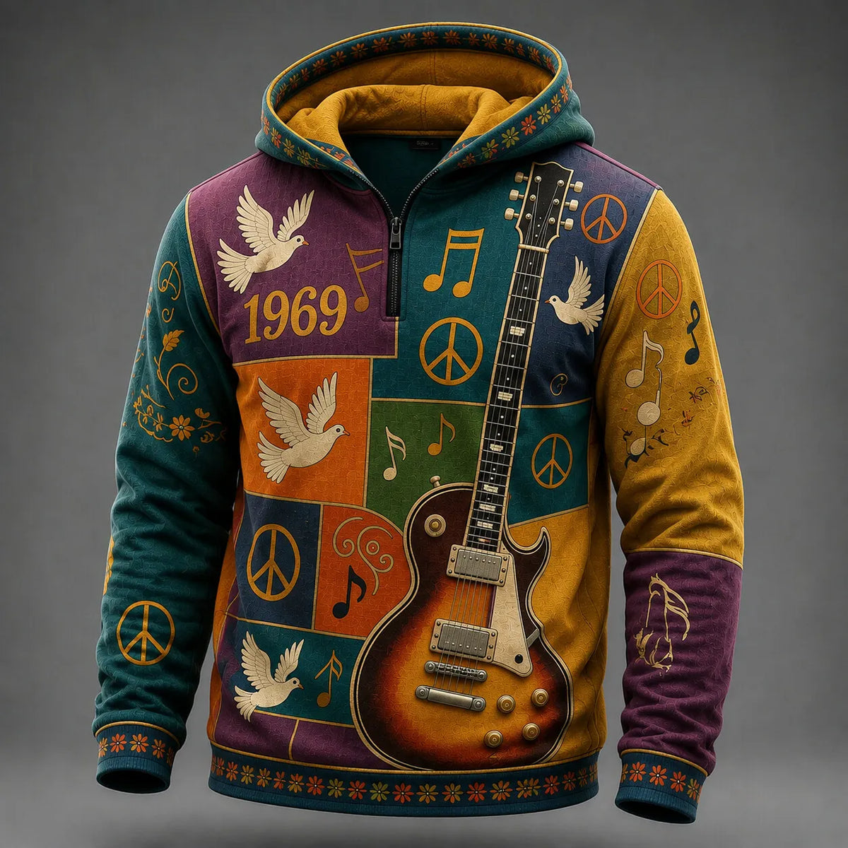 Men's Guitar Dove Peace 1969 Melody Patchwork Print Zipper Hoodies
